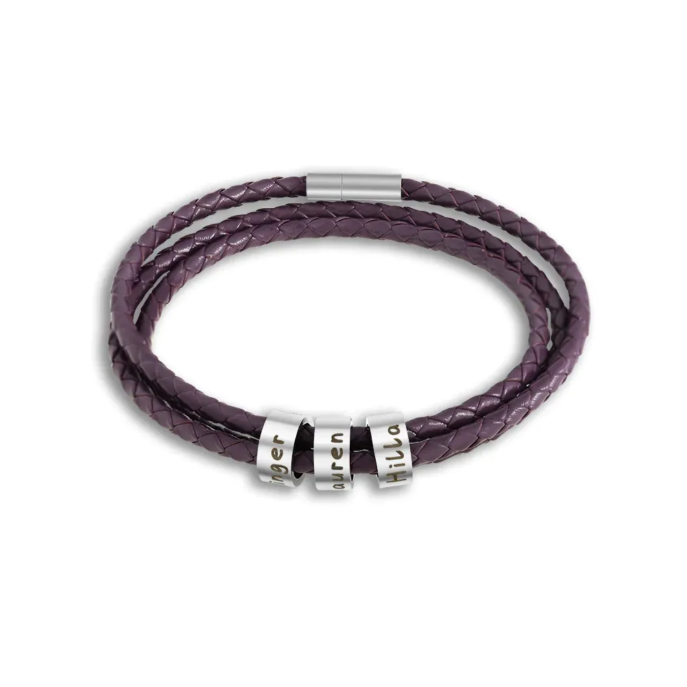 Father's Day Gift Men's Leather Bracelet with Small Custom Beads