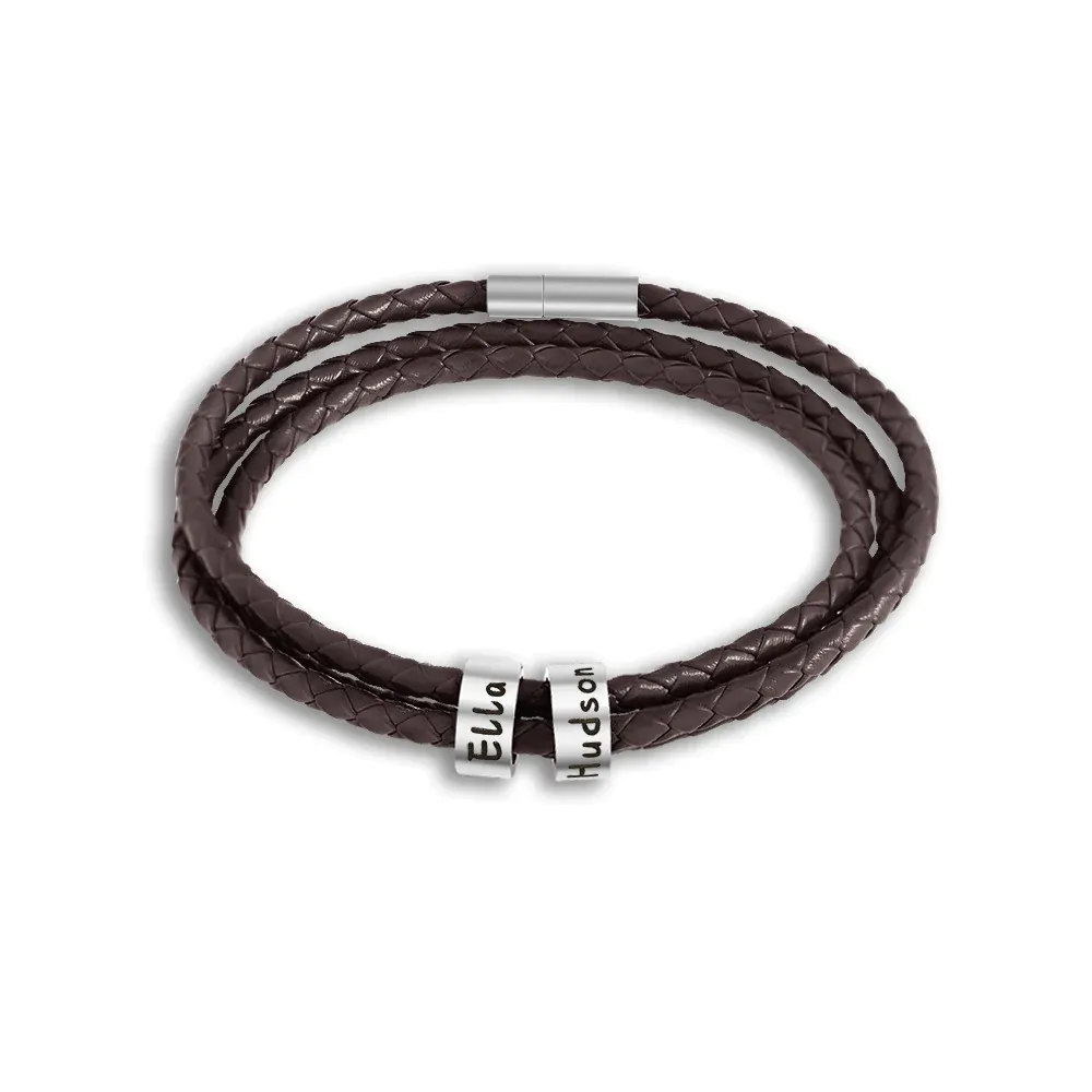 Father's Day Gift Men's Leather Bracelet with Small Custom Beads