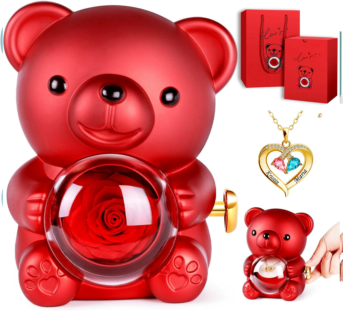 Eternal Bear & Forever Love Birthstone Diamond Heart Pendant Necklace