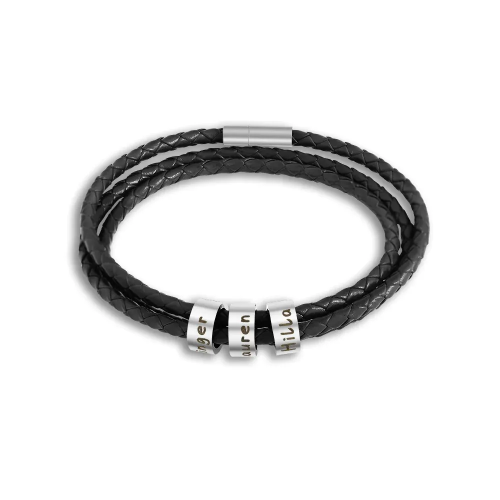 Father's Day Gift Men's Leather Bracelet with Small Custom Beads