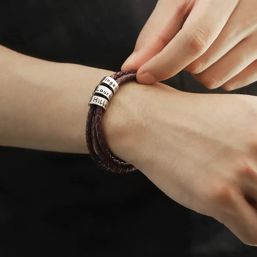 Father's Day Gift Men's Leather Bracelet with Small Custom Beads