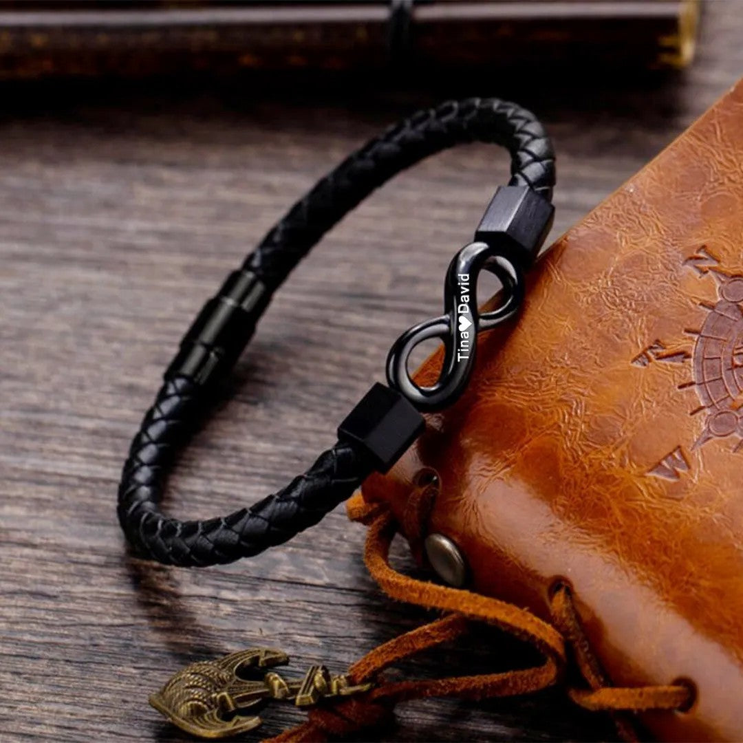 For Husband - Personalized 2 Names Infinity Leather Bracelet