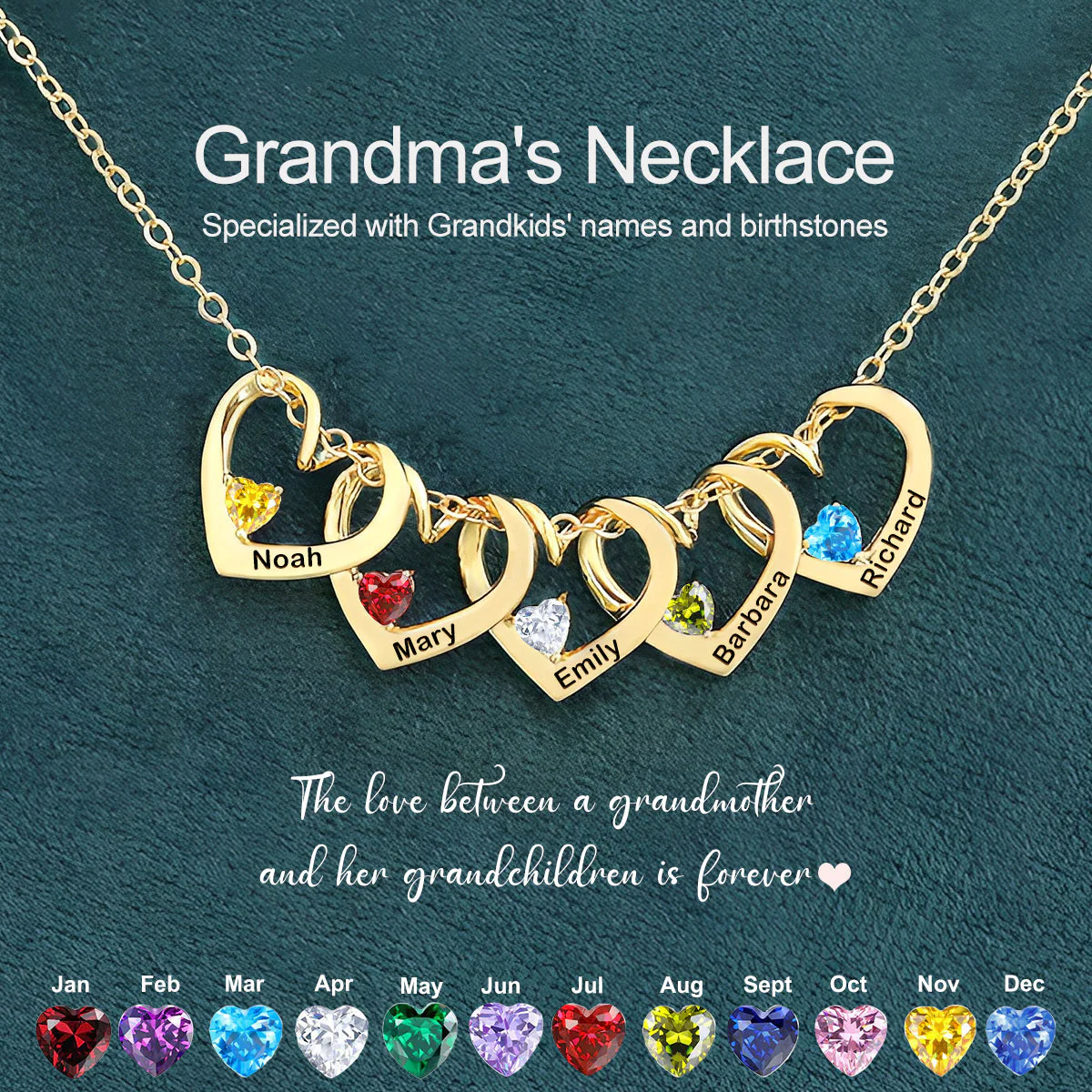 Mother's Day Gift Personalized Heart Name Birthstone Necklace For Mom Grandma
