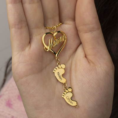 Mother's Day Mama Heart Pendant With Baby Feet Charm