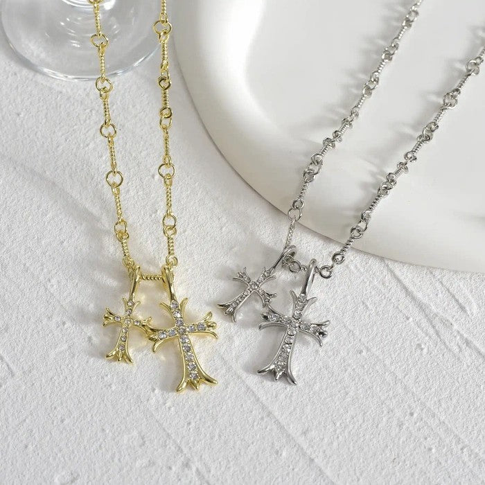 Zircon Double Cross Necklace