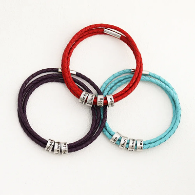 Father's Day Gift Men's Leather Bracelet with Small Custom Beads