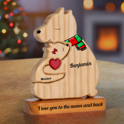 Personalized Single Parent Family With Stand - Puzzle Wooden Bear With Scarf - Christmas Wooden Pet Carvings