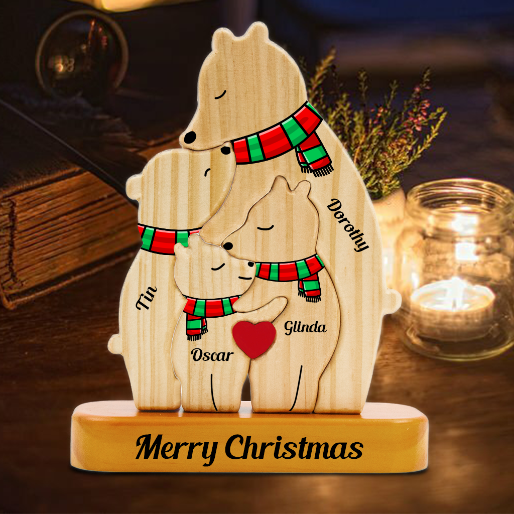 Personalized Single Parent Family With Stand - Puzzle Wooden Bear With Scarf - Christmas Wooden Pet Carvings