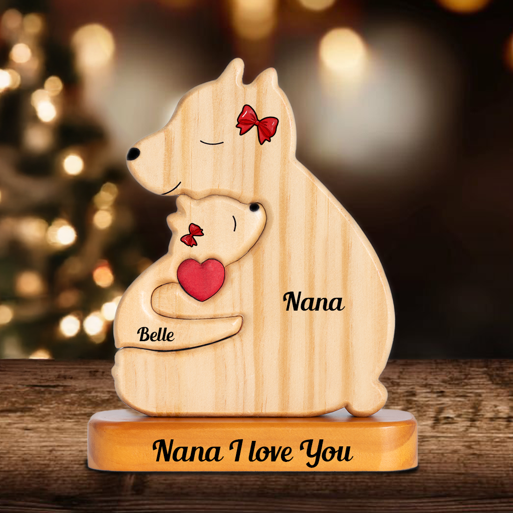 Personalized Single Parent Family With Stand - Puzzle Wooden Bear With Scarf - Christmas Wooden Pet Carvings