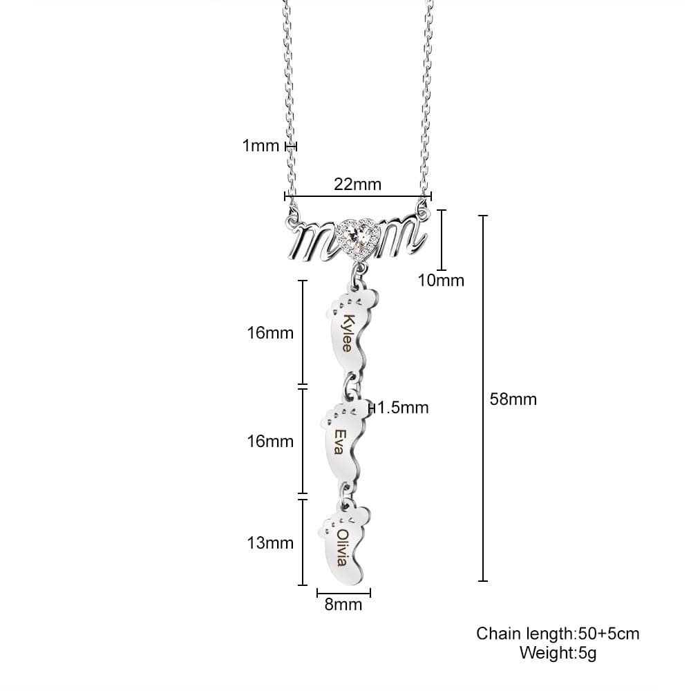 Mother's Day Gift Personalized Diamond Heart Mom Necklace With Baby Feet