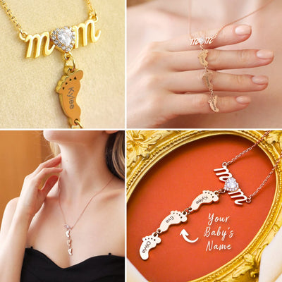 Mother's Day Gift Personalized Diamond Heart Mom Necklace With Baby Feet