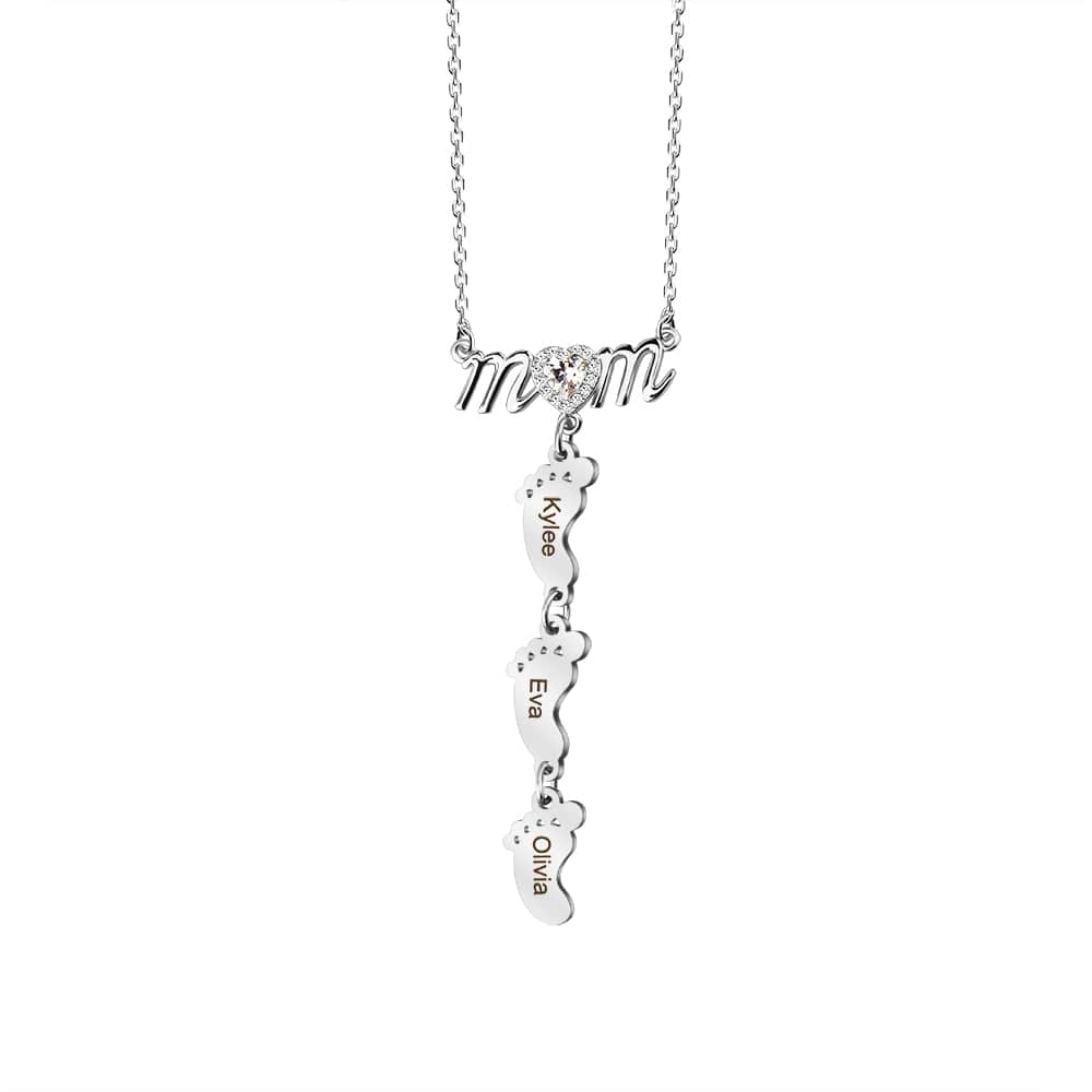 Mother's Day Gift Personalized Diamond Heart Mom Necklace With Baby Feet