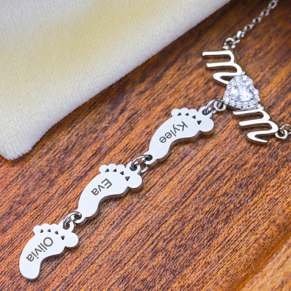 Mother's Day Gift Personalized Diamond Heart Mom Necklace With Baby Feet