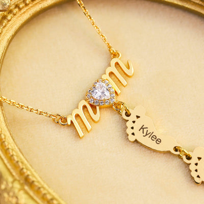 Mother's Day Gift Personalized Diamond Heart Mom Necklace With Baby Feet