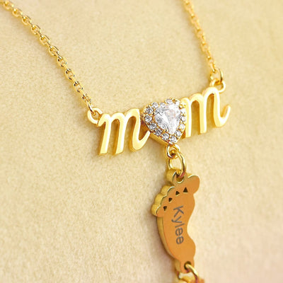 Mother's Day Gift Personalized Diamond Heart Mom Necklace With Baby Feet