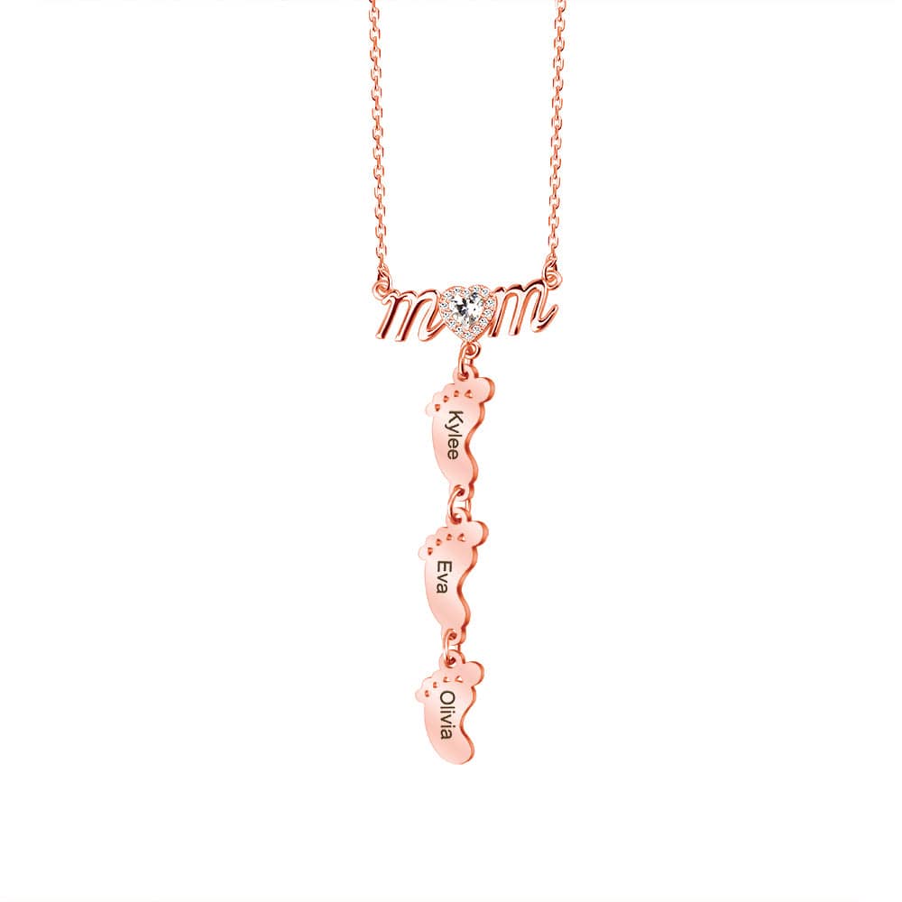 Mother's Day Gift Personalized Diamond Heart Mom Necklace With Baby Feet
