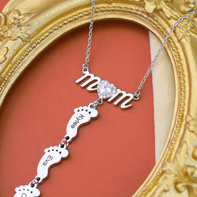 Mother's Day Gift Personalized Diamond Heart Mom Necklace With Baby Feet