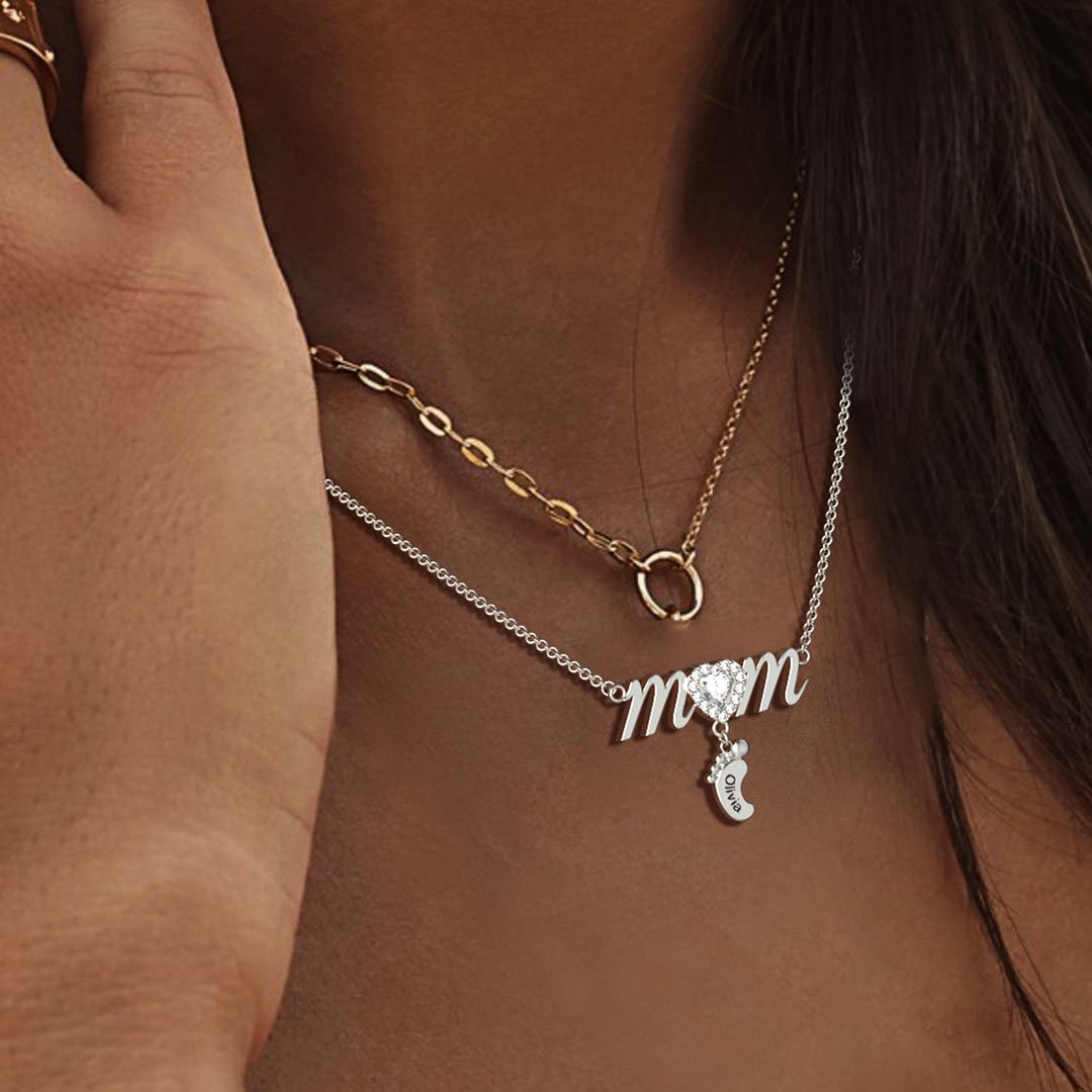 Mother's Day Gift Personalised Heart Crystal Mom Necklace With Baby Feet
