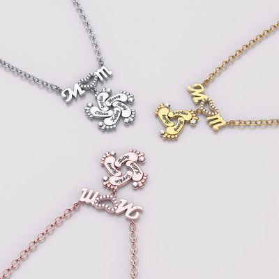 Mother's Day Gift Personalised Heart Crystal Mom Necklace With Baby Feet