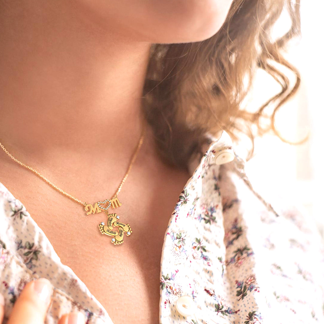 Mother's Day Gift Personalised Heart Crystal Mom Necklace With Baby Feet