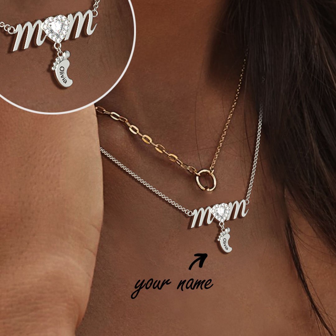 Mother's Day Gift Personalised Heart Crystal Mom Necklace With Baby Feet