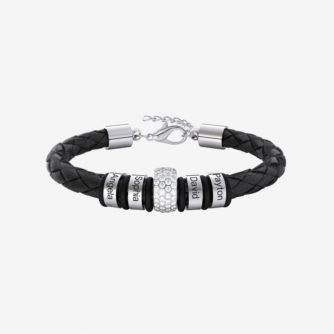 Father's Day Gift Men Braided Leather Bracelet with Diamond Custom Beads