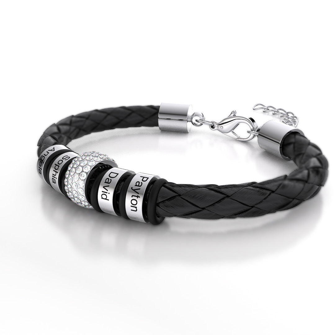 Father's Day Gift Men Braided Leather Bracelet with Diamond Custom Beads