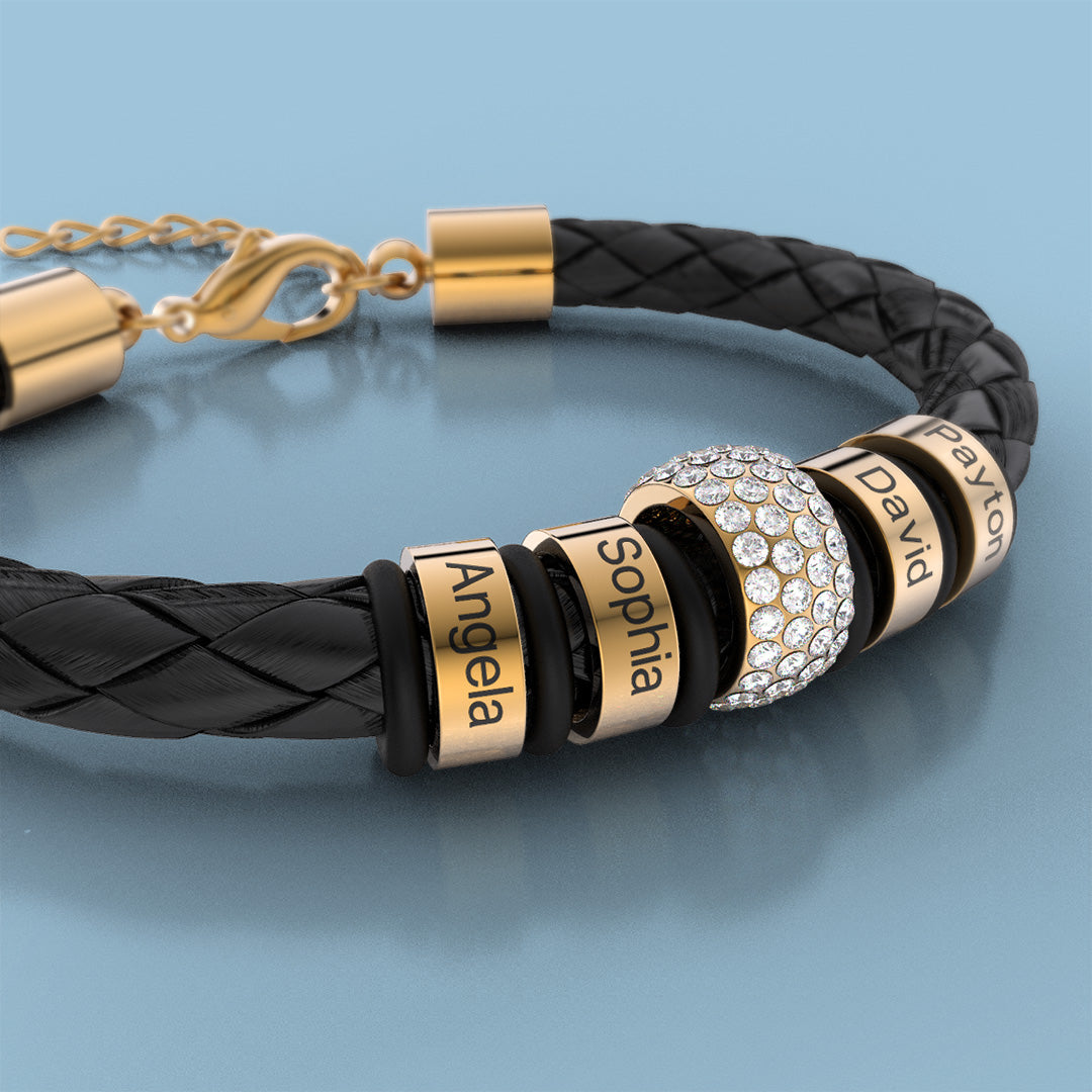 Father's Day Gift Men Braided Leather Bracelet with Diamond Custom Beads