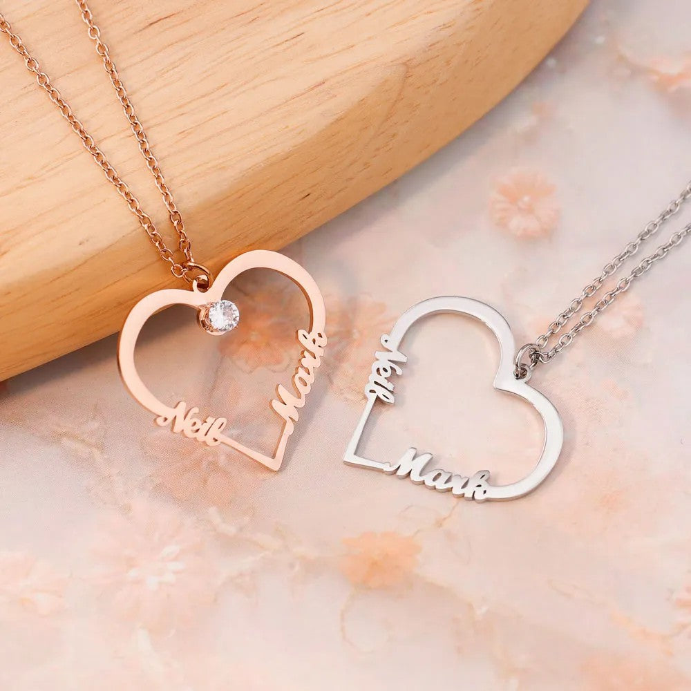 Mother's Day Gift Contour Heart Pendant Necklace with Two Names