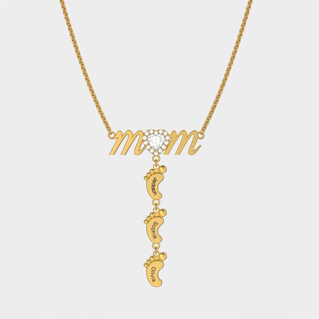 Mother's Day Gift Personalised Heart Crystal Mom Necklace With Baby Feet