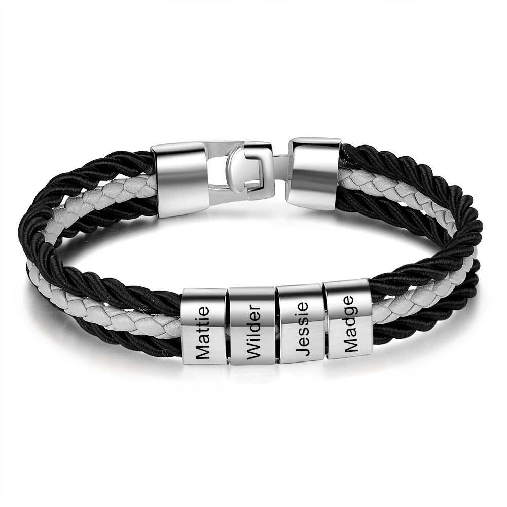Father's Day Gift Mens Leather Bracelet Braided Layered Leather with Beads