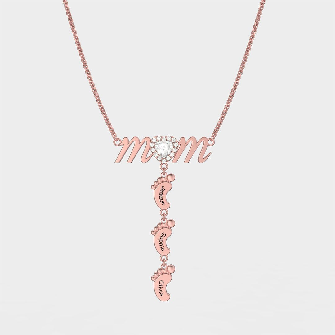 Mother's Day Gift Personalised Heart Crystal Mom Necklace With Baby Feet