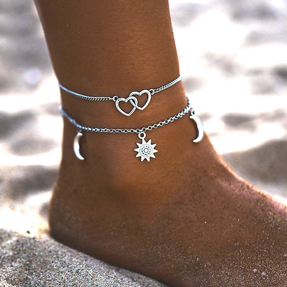 Christmas Gift-Bohemia Double Heart Anklet with Sun & Moon Charm Summer Foot Chain for Women