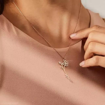 Mother's Day Gift Dainty Name Necklace With Birth Flower