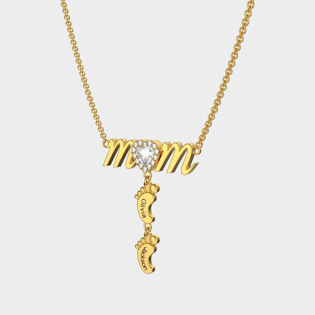 Mother's Day Gift Personalised Heart Crystal Mom Necklace With Baby Feet