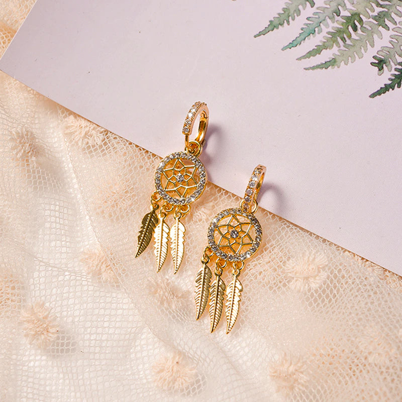 Dreamcatcher 14k Solid Gold Earrings + Necklace