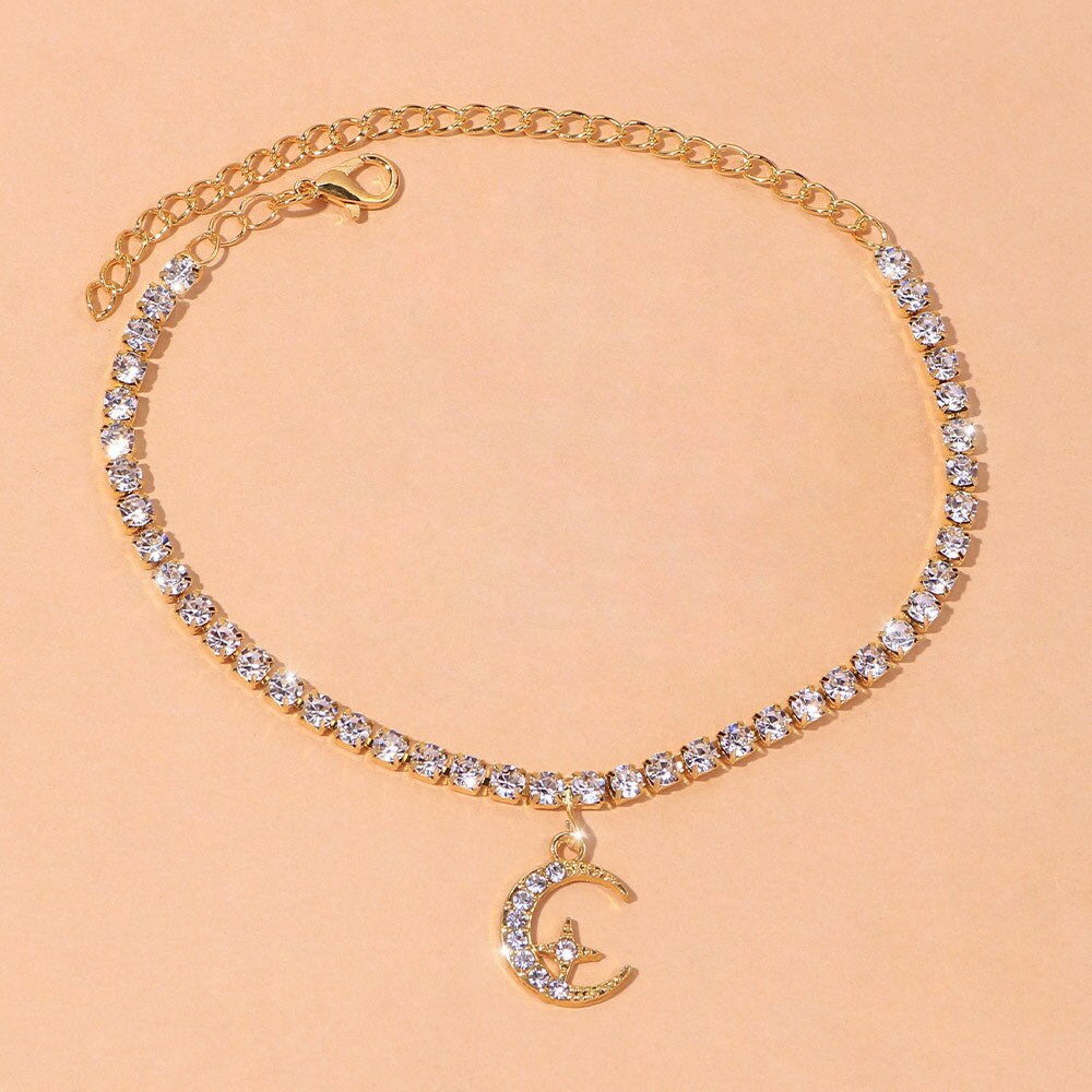 Mother's Day Gift Dainty Tennis Anklet Boho Style Summer Moon & Star Foot Chain for Women