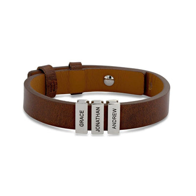 Father's Day Gift Men's Leather Bracelet with Custom Silver Beads