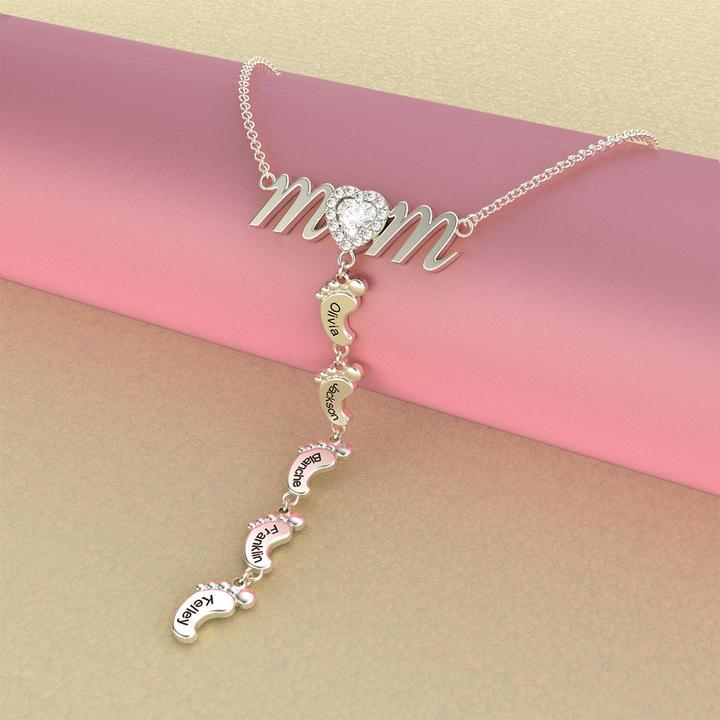 Mother's Day Gift Personalised Heart Crystal Mom Necklace With Baby Feet