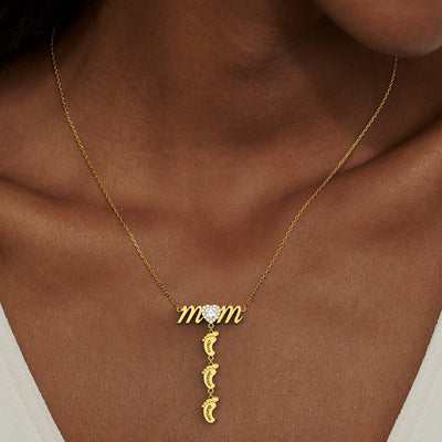Mother's Day Gift Personalised Heart Crystal Mom Necklace With Baby Feet