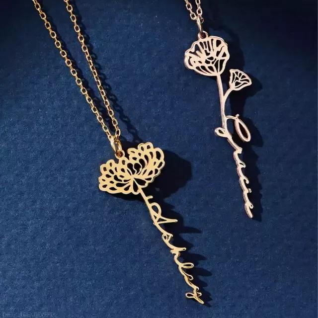 Mother's Day Gift Dainty Name Necklace With Birth Flower