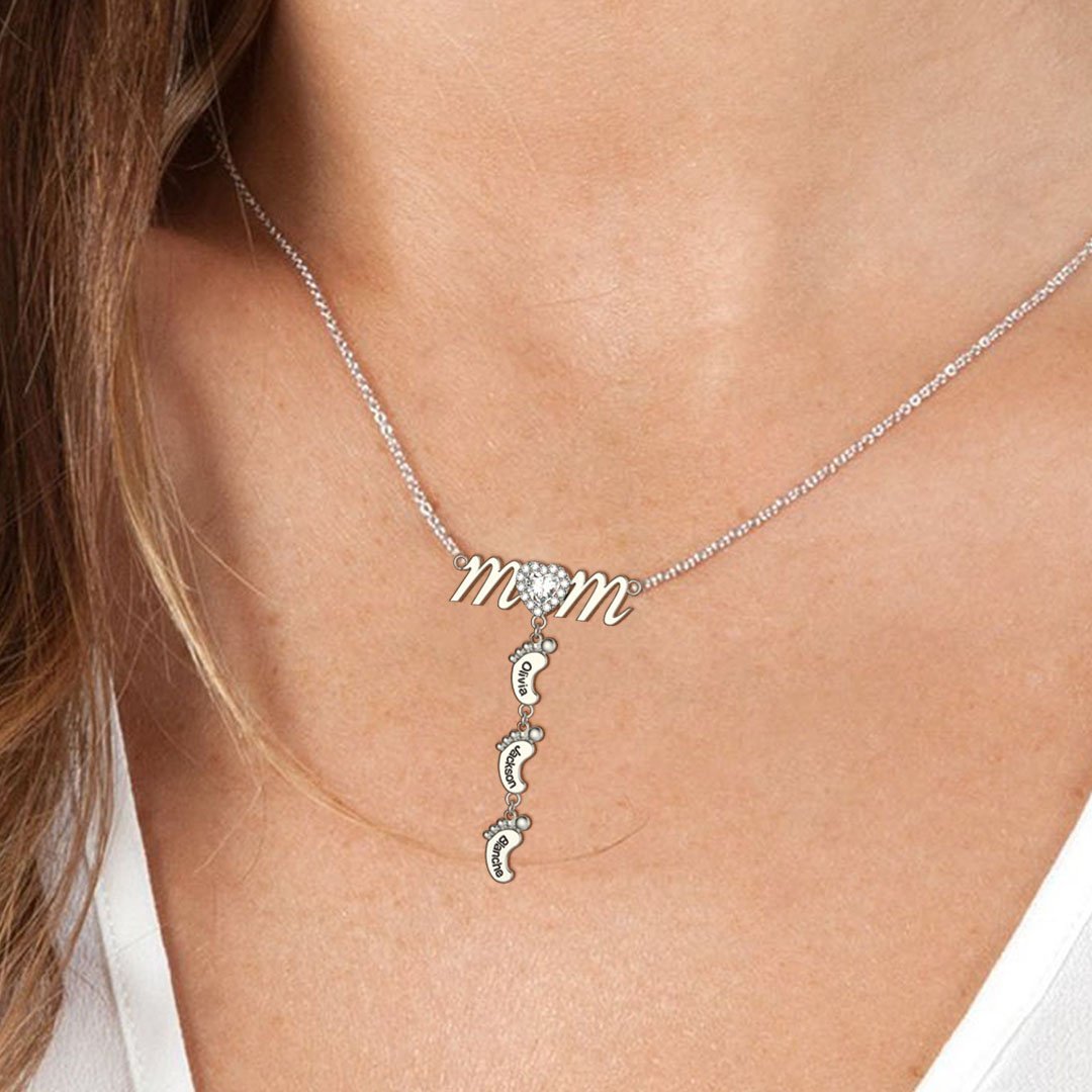 Mother's Day Gift Personalised Heart Crystal Mom Necklace With Baby Feet