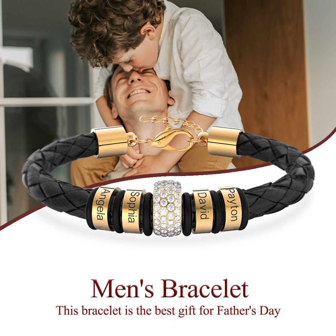 Father's Day Gift Men Braided Leather Bracelet with Diamond Custom Beads