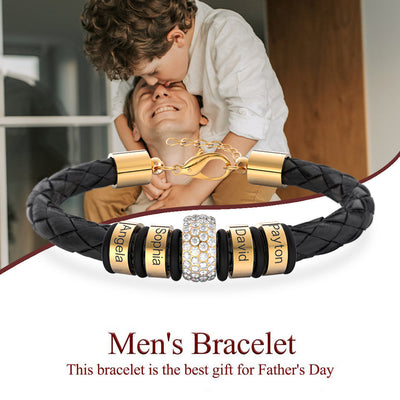 Father's Day Gift Men Braided Leather Bracelet with Diamond Custom Beads