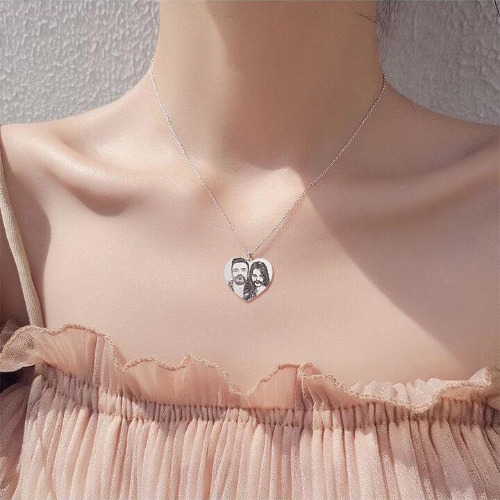 Mother's Day Gift For Her Heart Shaped Engraved Photo Necklace