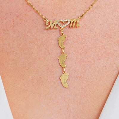 Christmas Gift Personalised Heart Crystal Mom Necklace With Baby Feet
