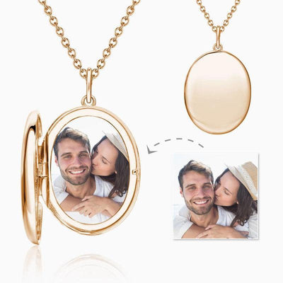 Mother's Day Gift For Her Oval Photo Locket Necklace with Engraving Rose Gold Plated