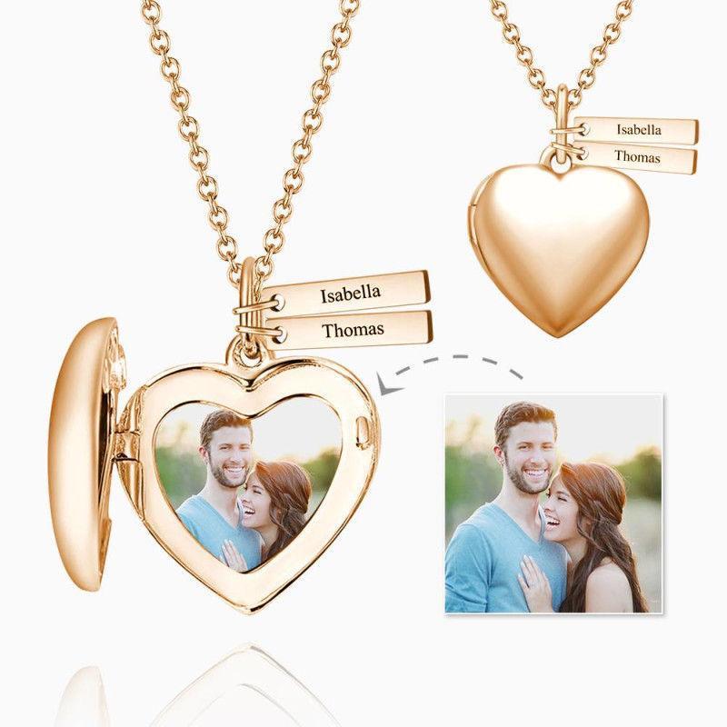 Mother's Day Gift Heart Photo Locket Necklace With Two Engraved Bars