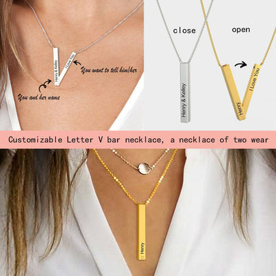 Mother's Day Gift Customizable Letter V Bar Necklace Two Ways To Wear