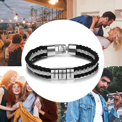 Father's Day Gift Mens Leather Bracelet Braided Layered Leather with Beads